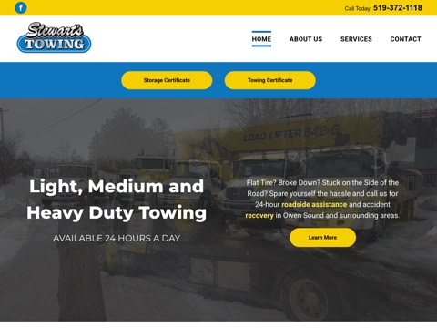 Screenshot of the Stewart’s Towing homepage at www.stewartstowing.ca, captured 2026-08-19, shown as the evidence for the review on this page