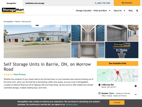 Screenshot of the StorageMart homepage, www.storage-mart.com/barrie/morrow-road?utm_source=google&utm_medium=organic&utm_campaign=maps-2750, captured 2026-08-19, shown as the evidence for this review