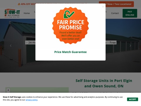 Screenshot of the Stow-it Self Storage homepage, www.stowit.ca, captured 2026-08-19, shown as the evidence for this review