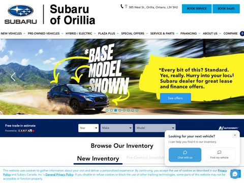 Screenshot of the Subaru of Orillia homepage, www.subaruoforillia.com/en, captured 2026-08-19, shown as the evidence for this review