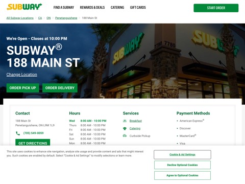 Screenshot of the Subway homepage, restaurants.subway.com/canada/on/penetanguishene/188-main-st?utm_source=yxt-goog&utm_medium=local&utm_term=acq&utm_content=4535&utm_campaign=evergreen-2020&y_source=1_MTQ5MTkzMDAtNzE1LWxvY2F0aW9uLndlYnNpdGU%3D, captured 2026-08-19, shown as the evidence for this review