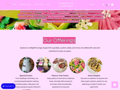 Screenshot of the Sugar City Cupcakes homepage, www.sugarcitycupcakes.com, captured 2026-08-19, shown as the evidence for this review