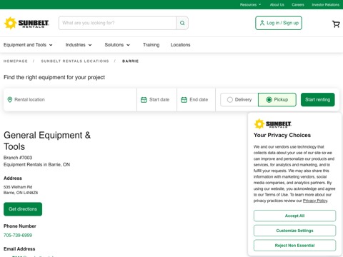 Screenshot of the Sunbelt Rentals homepage, www.sunbeltrentals.com/location/ca/on/barrie/equipment-tool-rentals/7003/?utm_source=gmb&utm_medium=organic&utm_campaign=pc7003&y_source=1_MTc2MDYwNjUtNzE1LWxvY2F0aW9uLndlYnNpdGU%3D, captured 2026-08-13, shown as the evidence for this review