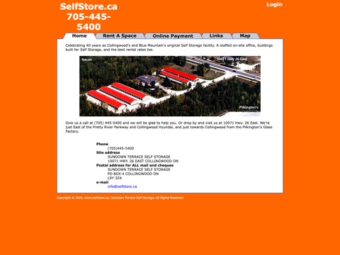 Screenshot of the Sundown Terrace Self Storage homepage, www.selfstore.ca, captured 2026-08-19, shown as the evidence for this review