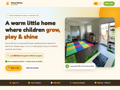 Screenshot of the Sunny Bunny Daycare homepage, sunnybunnydaycare.netlify.app, captured 2026-08-19, shown as the evidence for this review