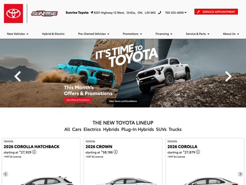 Screenshot of the Sunrise Toyota homepage, www.sunrisetoyotaorillia.ca/?utm_source=gmb, captured 2026-08-19, shown as the evidence for this review