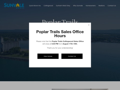 Screenshot of the Sunvale Homes Collingwood - Poplar Trails homepage, www.sunvalehomes.com/collingwood, captured 2026-08-19, shown as the evidence for this review