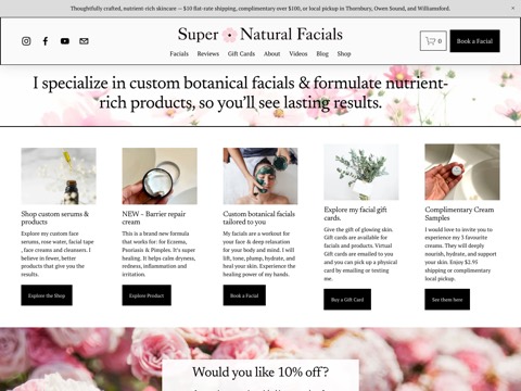 Screenshot of the Super Natural Facials - Owen Sound, Thornbury & Meaford website