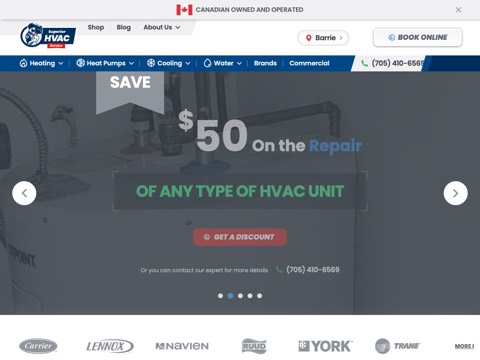 Screenshot of the Superior HVAC Service, Heating & Air Conditioning homepage, superiorhvacservice.ca/barrie/?utm_source=gmb&utm_medium=organic&utm_campaign=gmb, captured 2026-08-19, shown as the evidence for this review