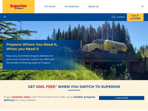 Screenshot of the Superior Propane homepage at www.superiorpropane.com/city/barrie/?utm_source=G&utm_medium=lpm&utm_campaign=superiorplus, captured 2026-08-19, shown as the evidence for the review on this page