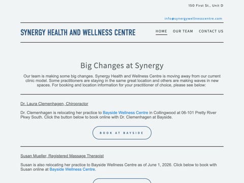 Screenshot of the Synergy Health and Wellness Centre website