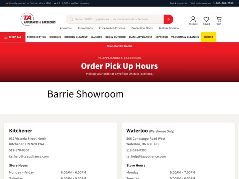Screenshot of the TA Appliances & Barbecues website