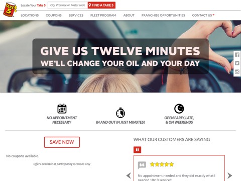 Screenshot of the Take 5 Oil Change website