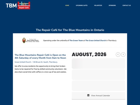 Screenshot of the TBM Repair Café homepage, repaircafethebluemountains.ca, captured 2026-08-19, shown as the evidence for this review