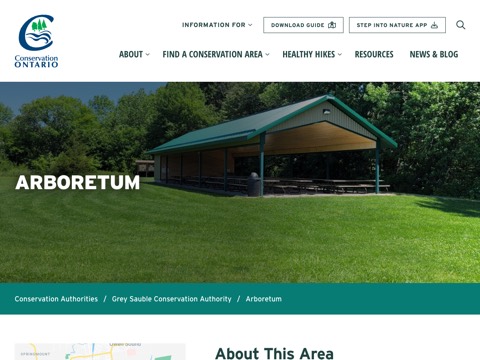 Screenshot of the The Arboretum & Administration Centre homepage at ontarioconservationareas.ca/conservation-areas/arboretum, captured 2026-08-19, shown as the evidence for the review on this page