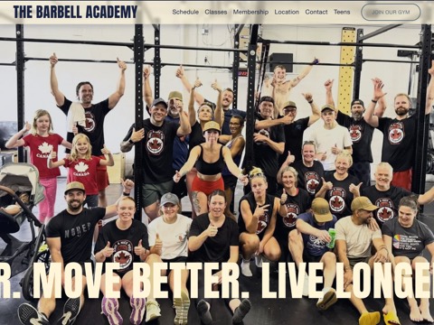 Screenshot of the The Barbell Academy / Kempenfelt Crossfit homepage, www.barbellacademy.ca, captured 2026-08-19, shown as the evidence for this review