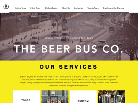Screenshot of the The Beer Bus Collingwood homepage, www.thebeerbus.ca, captured 2026-08-19, shown as the evidence for this review