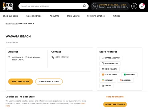 Screenshot of the The Beer Store homepage at www.thebeerstore.ca/locations/wasaga-beach, captured 2026-08-12, shown as the evidence for the review on this page