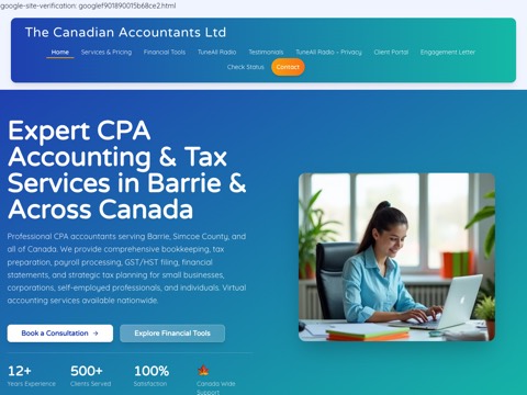Screenshot of the The Canadian Accountants Ltd homepage, www.thecanadianaccountantsltd.ca/?utm_source=google&utm_medium=wix_google_business_profile&utm_campaign=6770686452328705188, captured 2026-08-19, shown as the evidence for this review
