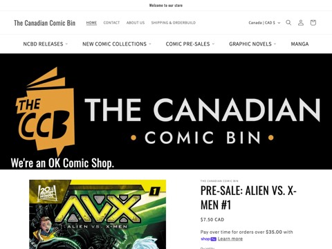 Screenshot of the The Canadian Comic Bin homepage at thecanadiancomicbin.com, captured 2026-08-13, shown as the evidence for the review on this page