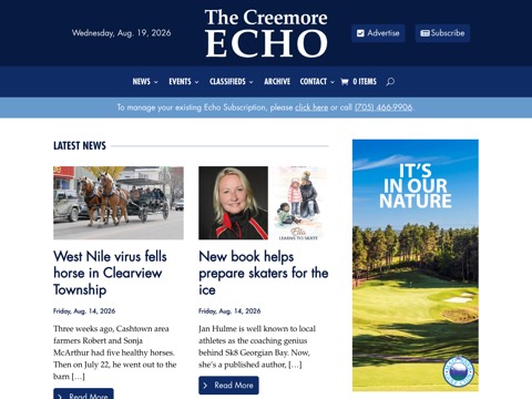 Screenshot of the The Creemore Echo Newspaper & Newsstand homepage at creemore.com, captured 2026-08-19, shown as the evidence for the review on this page