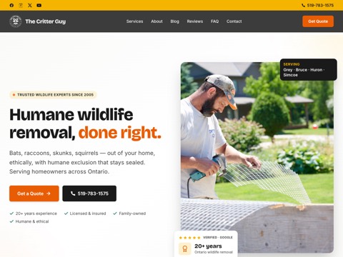 Screenshot of the The Critter Guy Wildlife Removal homepage at thecritterguy.ca, captured 2026-08-19, shown as the evidence for the review on this page