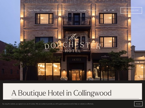 Screenshot of the The Dorchester Hotel homepage, thedorchestercollingwood.com, captured 2026-08-19, shown as the evidence for this review