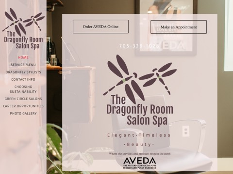 Screenshot of the The Dragonfly Room Salon homepage, www.thedragonflyroom.ca, captured 2026-08-19, shown as the evidence for this review