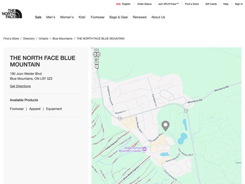 Screenshot of the The North Face Blue Mountain website