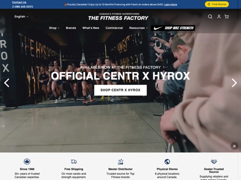 Screenshot of the The Treadmill Factory / The Fitness Factory homepage at treadmillfactory.ca, captured 2026-08-12, shown as the evidence for the review on this page