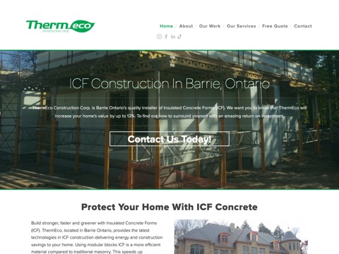 Screenshot of the ThermEco Construction Corp. homepage, www.thermecoconstruction.com, captured 2026-08-13, shown as the evidence for this review