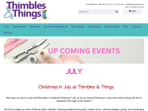 Screenshot of the Thimbles & Things homepage at www.thimblesandthings.com, captured 2026-08-13, shown as the evidence for the review on this page
