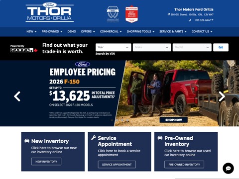 Screenshot of the Thor Motors Ford Orillia homepage, www.thormotors.com, captured 2026-08-19, shown as the evidence for this review