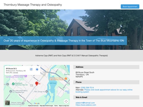 Screenshot of the Thornbury Massage Therapy and Osteopathy/Alaboo Charity website