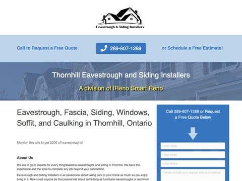 Screenshot of the Thornhill Eavestrough and Siding Installers website