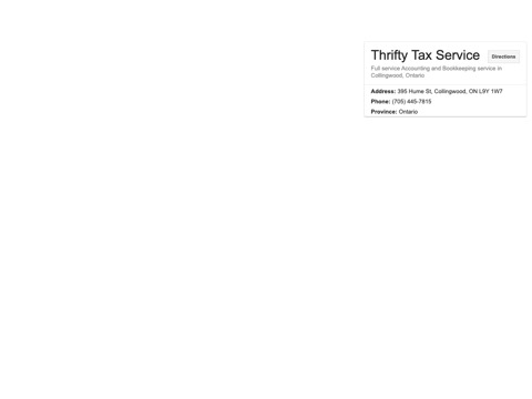 Screenshot of the Thrifty Tax Svc homepage, www.thrifty-tax.ca, captured 2026-08-19, shown as the evidence for this review