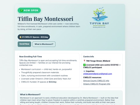 Screenshot of the Tiffin Bay Montessori website