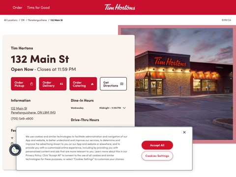 Screenshot of the Tim Hortons homepage, locations.timhortons.ca/en/on/penetanguishene/132-main-st, captured 2026-08-19, shown as the evidence for this review