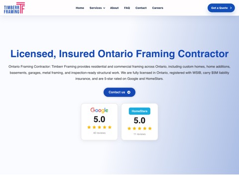 Screenshot of the Timberr Framing - Structural & House Framing Experts website