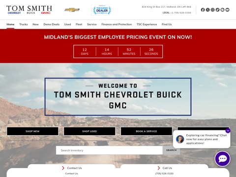 Screenshot of the Tom Smith Chevrolet Buick GMC homepage, www.tomsmithchevrolet.ca, captured 2026-08-19, shown as the evidence for this review