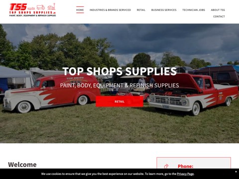 Screenshot of the Top Shops Supplies Auto Body, Paint and Refinish homepage at www.topshopsupplies.ca, captured 2026-08-19, shown as the evidence for the review on this page
