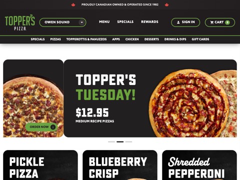 Screenshot of the Topper's Pizza — Owen Sound homepage, owensound.toppers.ca/zgrid/themes/781/intro/index.jsp, captured 2026-08-19, shown as the evidence for this review