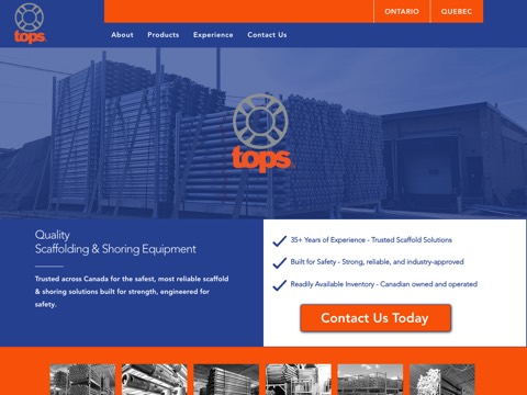 Screenshot of the Tops Scaffold & Shoring Supply Ltd. homepage at www.topsscaffolding.com/?utm_medium=referral&utm_source=gmb&utm_campaign=lnk-gmb, captured 2026-08-13, shown as the evidence for the review on this page