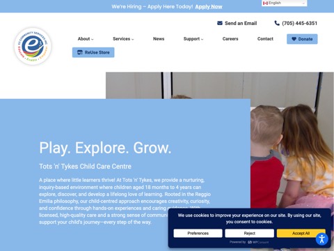 Screenshot of the Tots 'N Tykes Child Care Centre - A Div of E3 Community Services website
