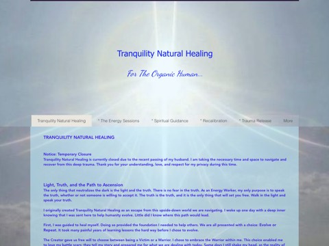 Screenshot of the Tranquility Natural Healing homepage, www.tranquilitynaturalhealing.com, captured 2026-08-19, shown as the evidence for this review
