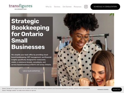 Screenshot of the Transfigures Bookkeeping homepage, www.transfigures.ca, captured 2026-08-19, shown as the evidence for this review