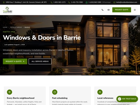 Screenshot of the Trust Build Windows and Doors, Simcoe County website