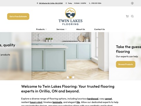 Screenshot of the Twin Lakes flooring homepage, www.twinlakesflooring.ca, captured 2026-08-19, shown as the evidence for this review