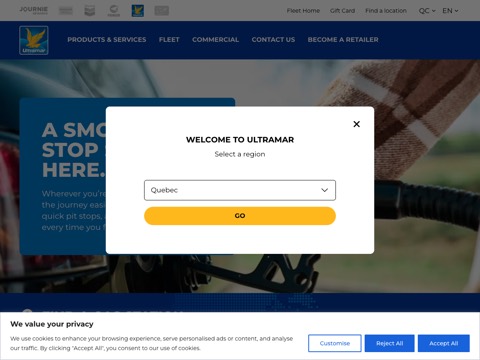 Screenshot of the Ultramar - Gas Station homepage, journie.ca/ultramar/qc-en, captured 2026-08-19, shown as the evidence for this review