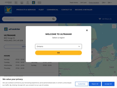 Screenshot of the Ultramar homepage, journie.ca/ultramar/on-en/locations/41963, captured 2026-08-19, shown as the evidence for this review